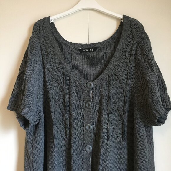 Chunky Cable Knit Short Sleeve Cotton Button Up Cardigan Sweater - Picture 3 of 15